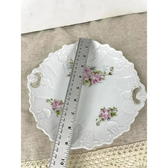 VTG Porcelain Pink Roses Floral Serving Plate With Handles Embossed Shabby Chic - Picture 9 of 11